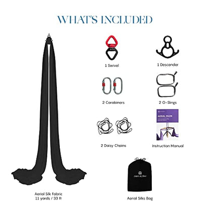 Aerial Silks Yoga Hammock Kit, 11 Yards, Hardware and Swivel | Knitted fabric with swivel and guide, portable carry bag included, for aerial yoga, gymnastics and home gym practice - color: Black