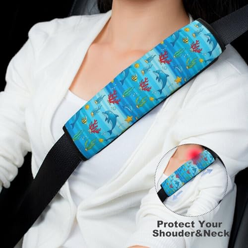 2 Pack Blue Dolphin Pattern Car Seat Straps Shoulder Pads Universal Fit Neck Strap Covers for Adults and Children, All Vehicles, Pressure Relief