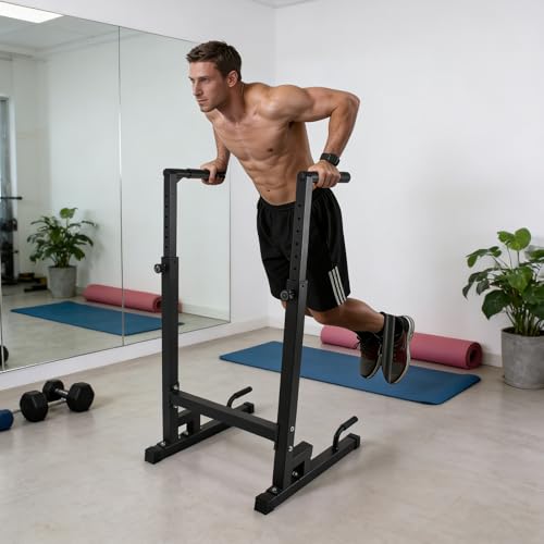 Dip Station, Adjustable Height 6-Level Multi-Function Pull Up Bar Stand | Heavy Duty Steel Dip Bars for Home Gym, Tricep Dips L-Sit Push Up Calisthenics Workout Equipment, Supports 500 LBS