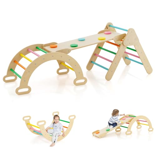 Costzon Climbing Toys for Toddlers, Foldable Montessori Wooden Arch Climber Ladder with Sliding Ramp, Multi-Combination Methods, Rainbow Kids Triangle Climber Play Gym Set for Boys Girls Gift Present - style: 5 in 1 Arch Climber Ladder, Rainbow