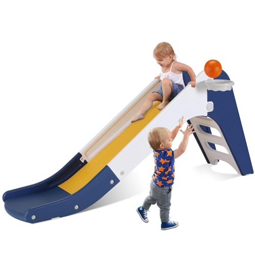 Toddler Indoor Slide, Foldable Baby Climber Playset with Basketball & Hoop | 63 in Extra Long Slope, Non-Slip Steps, Sturdy Plastic, Outdoor Playground for Backyard, Home & Playroom Use, Dark Blue - color: Dark Blue