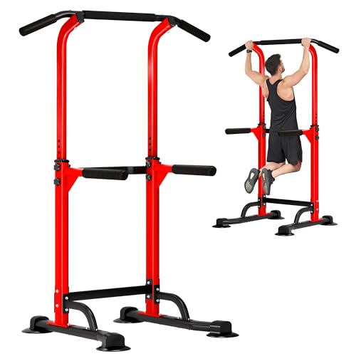 DlandHome Power Tower Pull Up Dip Station Multi-Function Fitness Equipment for Strength Training Adjustable Height Dip Stand for Home Gym - color: Red