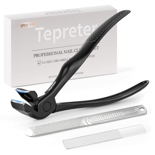 Ergonomic Long Handle Toenail Clippers for Seniors, 4.75 Inches Angled Head Curve Wide Jaw Opening Nail Clippers for Thick Nails with Meta and Glass Nail File, Fingernail Cutter with Catcher, 3Pcs