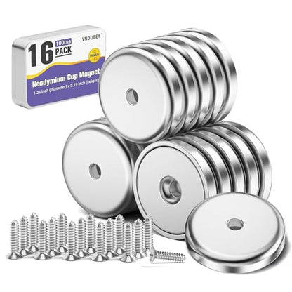 VNDUEEY 16 Pack 100LBS Magnets with Holes Strong Rare Earth Magnets Neodymium Cup Magnet with Stainless Screws for Wall Mounting Round Magnet for Holding Tools Kitchen Office Cabinet Door DIY Craft - size: 16 Pack 100LBS