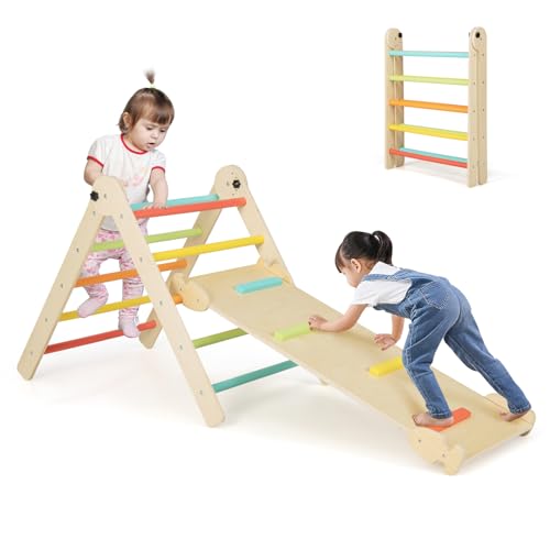 HONEY JOY Climbing Toys for Toddlers, 4 in 1 Foldable Wooden Montessori Kids Triangle Climber, Double Side Ramp & Climber, Baby Learning Indoor Climbing Ladder Gym for Boys Girls (Colorful) - color: 4 in 1 Colorful