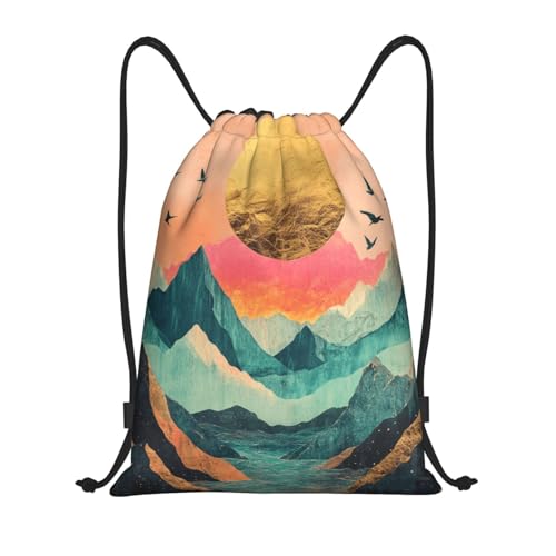 Drawstring Sports Backpacks - Lightweight Swim Gym Bags for Women Men String Sackpack for Beach Travel Yoga(Medium, Mountains Sea Birds) - color: Mountains Sea Birds, size: Medium