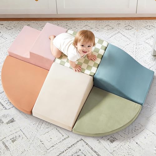 Tiny Land Soft Foam Climbing Blocks for Toddlers, 6-Piece Foam Blocks | Indoor Playground Baby Climbing Toys, Ideal Gift for Kids Activity Crawling and Sliding Foam Play Set (Morandi) - color: Morandi