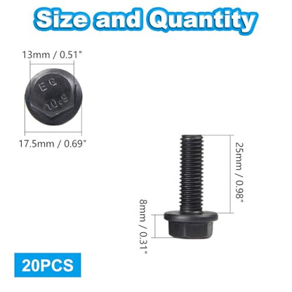 M8-1.25 X 25mm Flanged Hex Head Bolts Flange Hexagon Screws, External Flange Hex Drive Screws,Class 10.9 Black Finish,Alloy Steel, Fully Threaded, 20 PCS - size: M8x25mm