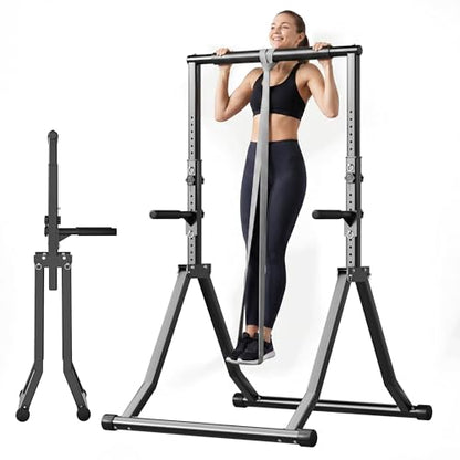 Foldable Pull Up Bar Station 66.1''-84.6'' Power Tower - color: 66"-85" with Dual Dip Handles & Assistance Bands
