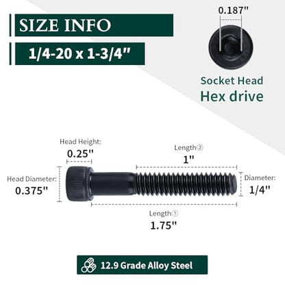 1/4-20 x 1-3/4" Socket Head Cap Screws Bolts, 12.9 Grade Alloy Steel, Black Oxide Finish, Allen Hex Drive, Partial Thread, 50 PCS - size: 1/4-20 x 1-3/4"