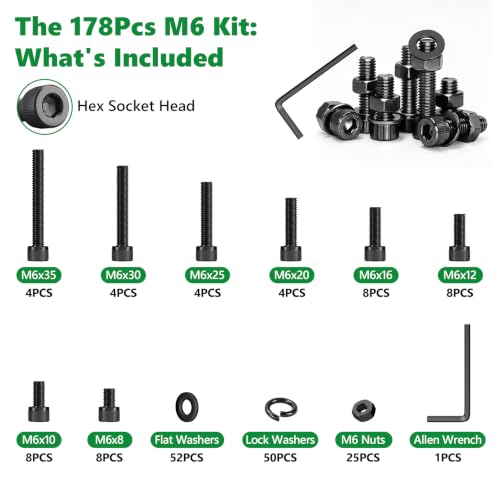178 Pcs M6 12.9 Black Steel Socket Cap Screws Nuts Washers Kit | High-Tensile, M6 x 8mm to 35mm with Flat & Spring Washers and Wrench for Automotive and DIY, Clear Label Storage Box - size: M6 178pcs 3