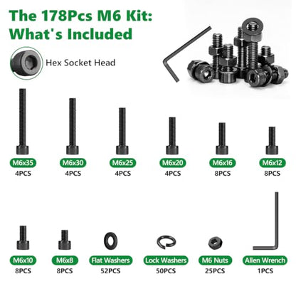 178 Pcs M6 12.9 Black Steel Socket Cap Screws Nuts Washers Kit | High-Tensile, M6 x 8mm to 35mm with Flat & Spring Washers and Wrench for Automotive and DIY, Clear Label Storage Box - size: M6 178pcs 3