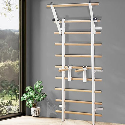 Stall Bars, Swedish Ladder for Adult and Kids, Wall Bar with Solid Beech Wood Rods, Durable Steel Frame, Adjustable Pull Up and Dip for Strength, Flexibility at Home Gym, Studio - color: White