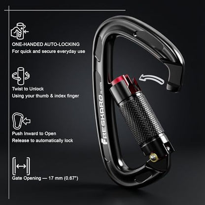 FresKaro UIAA Certified 25KN Auto Locking Climbing Carabiner Clips, Twist Lock, and Heavy Duty Carabiners for Rock Climbing, Rappelling, and Mountaineering, D Shaped - color: 3PCS-25KNA
