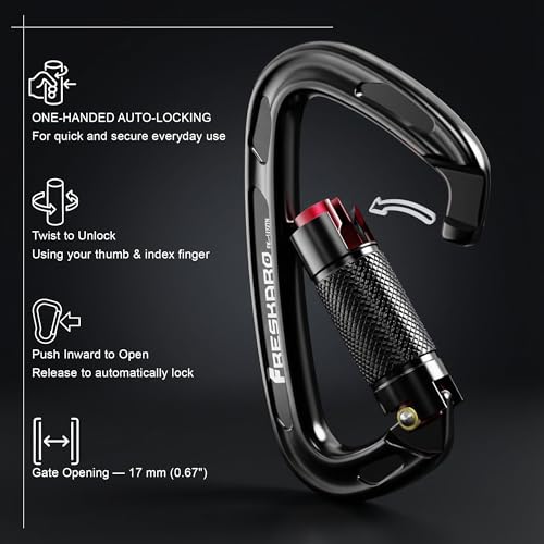 FresKaro UIAA Certified 25KN Auto Locking Climbing Carabiner Clips, Twist Lock, and Heavy Duty Carabiners for Rock Climbing, Rappelling, and Mountaineering, D Shaped - color: 2PCS-25KNA