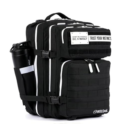 WOLFpak 35L Athletic Gym Backpack - Durable 1000D Waterproof Oxford Material with MOLLE Webbing, Laptop Pocket - color: Alpha Black White Accents
