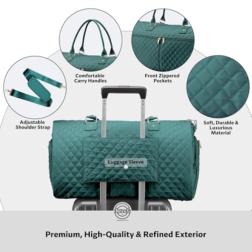 STOVER Women’s Convertible Garment Duffel Bag for Travel – 2-in-1 Carry-On Weekender/Overnight Tote - Wrinkle-Free Dresses, Suits & Clothes + Shoe Compartment & Bonus Toiletry Bag (Emerald Green) - color: Emerald Green