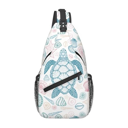 Sea Turtle Crossbody Sling Bag for Women Men Coastal Sea Animal Turtle and Shells in Line Art Style Travel Sling Backpack Casual Shoulder Bag Underwater World Print Sports Hiking Daypack - color: Blue Pink