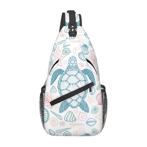 Sea Turtle Crossbody Sling Bag for Women Men Coastal Sea Animal Turtle and Shells in Line Art Style Travel Sling Backpack Casual Shoulder Bag Underwater World Print Sports Hiking Daypack - color: Blue Pink