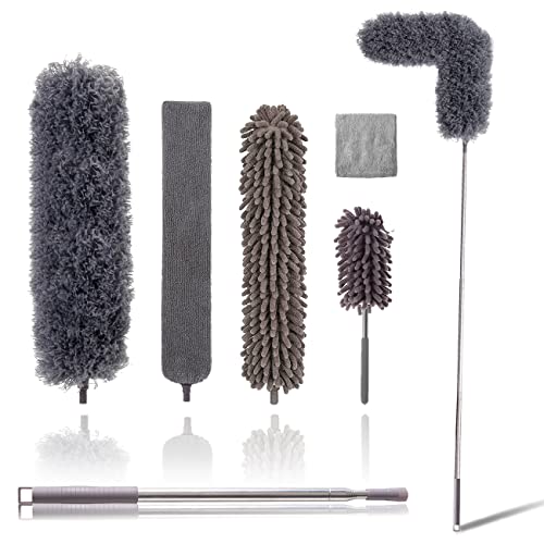 Upgraded Dusters for Cleaning (6pcs), Ceiling Fan Duster with 100" Thickened Extension Pole, Extendable Long Microfiber Duster for High Ceilings, Reusable & Washable Dusting Wand by OOSOFITT - color: Gray, size: Microfiber Duster 6 Kit