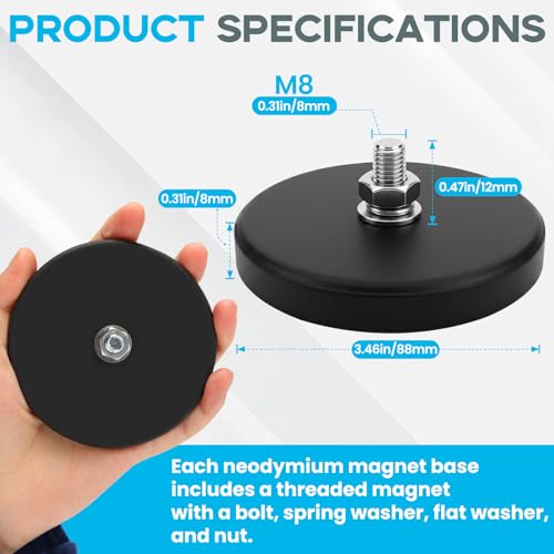 E BAVITE 12PCS Strong Rubber Coated Mounting Magnets with M8 Threaded 120LB | Anti-Scratch Mounting Magnet Magnetic Non-Slip Strong Magnet for Lighting Bar, Additional Mirrors and Camera - size: M8-3.46in-120LBS