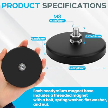 E BAVITE 12PCS Strong Rubber Coated Mounting Magnets with M8 Threaded 120LB | Anti-Scratch Mounting Magnet Magnetic Non-Slip Strong Magnet for Lighting Bar, Additional Mirrors and Camera - size: M8-3.46in-120LBS