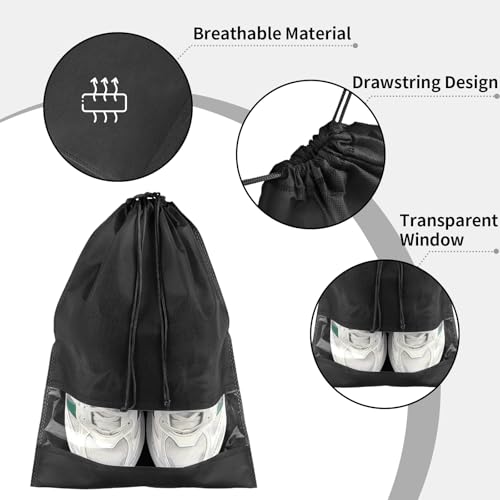 Large Black Travel Shoe Bags - 5 Pcs with Clear Window, Non-Woven Drawstring, 12.6" X 17.3" for Men Women - color: Black, style: 5 Pack
