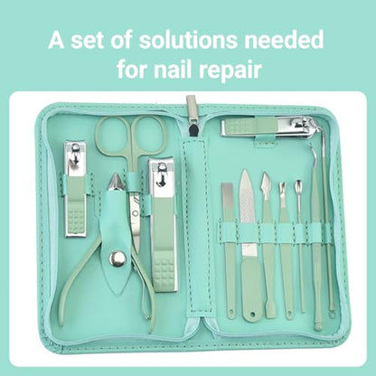 12 in 1 Travel Manicure Set, Mens Grooming kit Women Nail Manicure Kit, Manicure Pedicure Kit Manicure Set Professional Gift for Family Friends Elder - color: Green