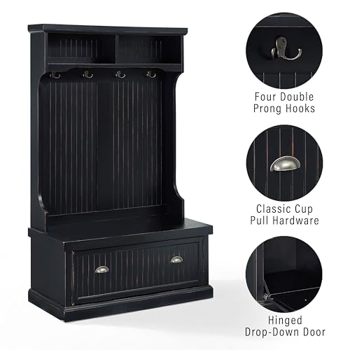 Crosley Furniture Seaside Hall Tree with Shoe Rack Bench and Hooks for Hanging Storage, Distressed Black - color: Distressed Black, style: Hall Tree