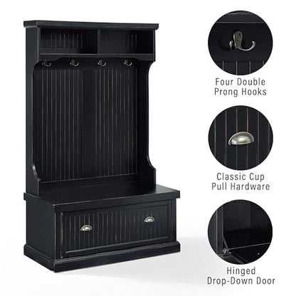 Crosley Furniture Seaside Hall Tree with Shoe Rack Bench and Hooks for Hanging Storage, Distressed Black - color: Distressed Black, style: Hall Tree