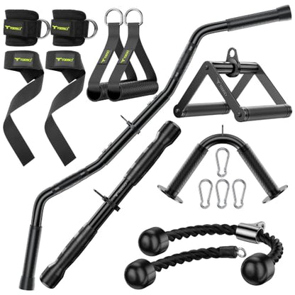Cable Attachments for Gym, LAT Pulldown & Cable Machine Attachment Set: V-Shaped Bar, Rotating Straight Bar, V Rotation Handle, Nylon Tricep Rope, Ankle Straps & Handles, Home Gym - size: Long Bar Set