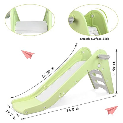 Toddler Indoor Slide, Foldable Baby Climber Playset with Basketball & Hoop | 63 in Extra Long Slope, Non-Slip Steps, Sturdy Plastic, Outdoor Playground for Backyard, Home & Playroom Use, Light Green - color: Light Green
