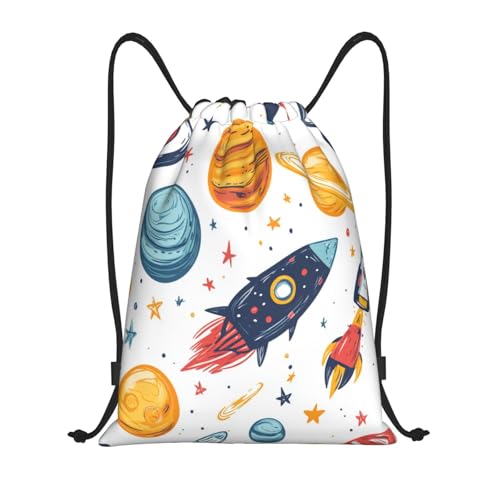 Drawstring Sports Backpacks - Lightweight Swim Gym Bags for Women Men String Sackpack for Beach Travel Yoga(Small, Space Planets Rocket) - color: Space Planets Rocket, size: Small