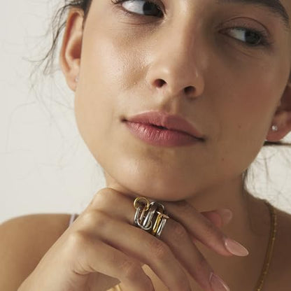 Shapes Studio Trio Linked Ring, stackable Ring, Minimalism style for women, Never Tarnish - size: 9, style: Five Band ( Three Silver, One Gold, One Rose Gold)