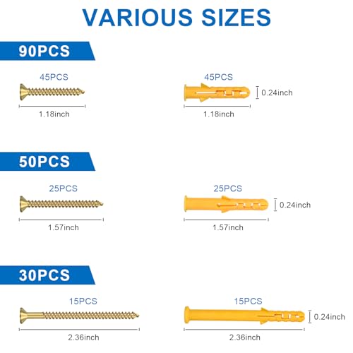 Aovchei Drywall Anchors Kit, 170pcs, 85 Plastic Drywall Anchors and 85 Philips Flat Head Screws, 3 Size #6 * 30#6 * 40#6 * 60, Wall Hanging Kit for Hanging Picture Frame, Shelf Brackets, Curtain Rod - size: #6*30 #6*40 #6*60