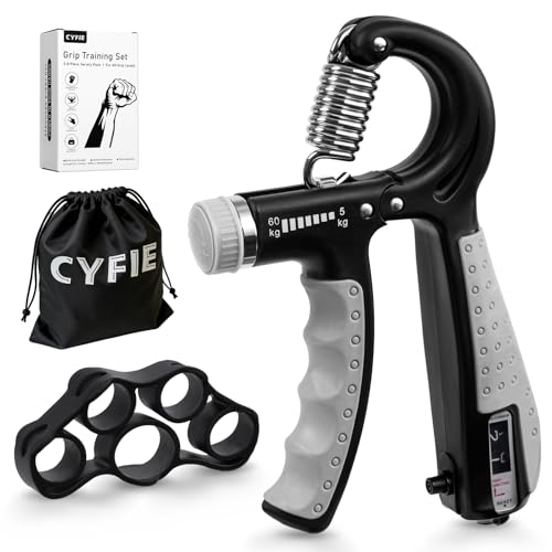 CYFIE Grip Strength Trainer Kit, Adjustable 10-132 lb, Hand Exerciser | Forearm Strengthener, Finger Stretcher, Stress Ball and Bag for Grip Recovery, Wrist Training, Rehab, Climbers and Musicians - color: Black