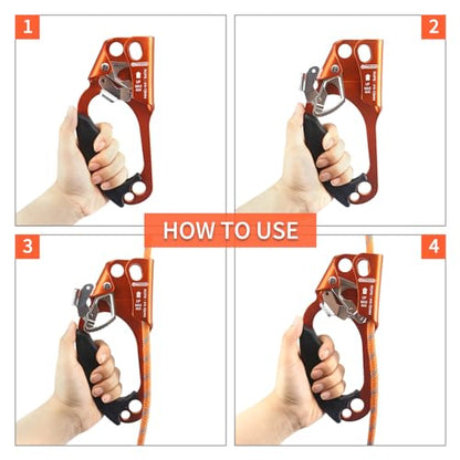 NewDoar UIAA & CE Certified Hand Ascender Rock Climbing Tree Arborist Rappelling Gear Equipment Rope Clamp for 8~13MM Rope - color: Orange-Left