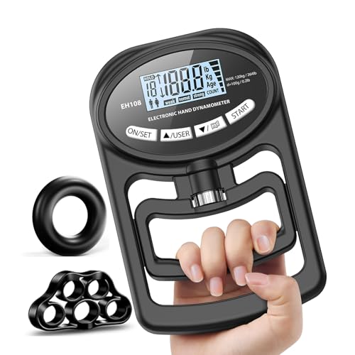 Grip Strength Tester, Hand Grip Dynamometer with Trainer | Digital Strength Gauge 265 Lbs/120 Kgs for Testing at Sports, Home & School, Including Exercisers for Hand & Forearm Training - color: black
