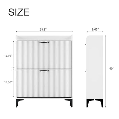 HIFYOBRO Narrow Shoe Storage Cabinet for Entryway, Shoe Cabinet with 2 Flip Drawers, Hidden Shoe Rack with Fluted Panel, Modern Freestanding Shoes Organizer for Hallway (White)