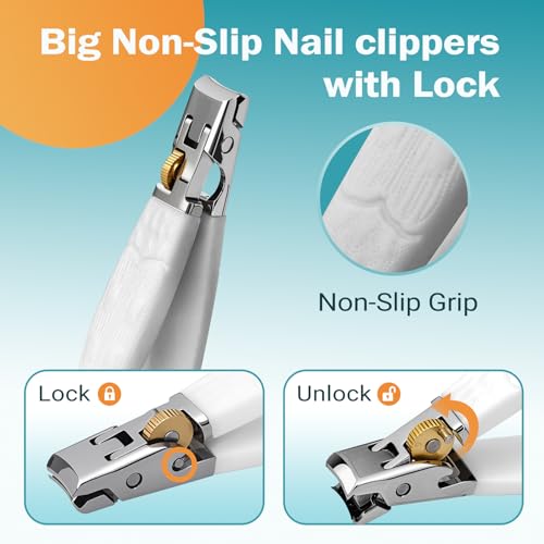 Heavy Duty Nail Clippers for Thick Toenails & Fingernails - Razor-Sharp Stainless Steel Blades with Wide Jaw, Anti-Slip Grip, Safety Lock & Splash Guard (Seniors/Men/Women/Kids) - color: White
