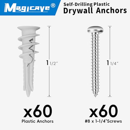 Self Drilling Drywall Anchors with Screws Kit 120 Pcs, No Pre Drill Required, Heavy Duty Holds Up to 75 LB, #8 x 1-1/4, for Sheetrock Shelves and Mirrors