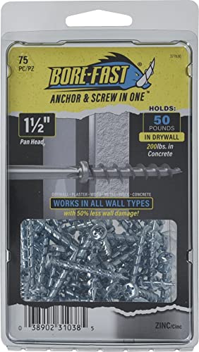 Hillman Borefast Drywall Screw Anchors, 1-1/2in, 75 Pieces, Silver | Zinc finish, Phillips pan head self-drills into drywall wood and metal, For hanging fixtures with reusable anchor support