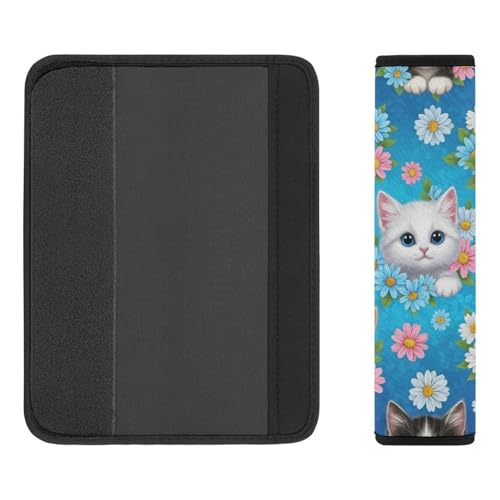 2PCS Breathable Seat Belt Cover for Adults and Children, Most Cars, Animal Blue Flower Cute Kitten Cats Shoulder Harness Cover, Shock Absorption - color: Pattern 322