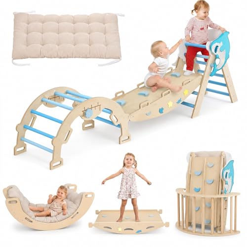 OUTLANE Pikler Triangle Set, 7-in-1 Foldable Wooden Toddler Climbing Toys Indoor, Jungle Gym for Toddlers, Large Montessori Climbing Set with Reversible Slide, Arch Ramp, Ladder & Cushion (Blue) - color: Blue