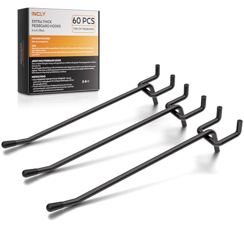 INCLY 60 Pack 6 Inch Black Pegboard Hooks, 1/4" Heavy Duty Peg Board Shelving Hooks Accessories, Peg Board Tool Hangers Only Fit 1/4" Pegboard Hanging Tools Garage, Craft Organizing, Kitchen, Store - color: Black, size: 6inch-60pcs