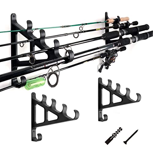 Horizontal Fishing Rod Rack Rod Holders for Wall Storage - Wall Mounted Fishing Rod Rack with Hook,Holds 4 Rods, Space Saving for Fishing Rods，Hiking Poles, Ski Poles, Hockey Sticks and Cue