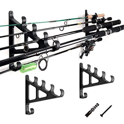 Horizontal Fishing Rod Rack Rod Holders for Wall Storage - Wall Mounted Fishing Rod Rack with Hook,Holds 4 Rods, Space Saving for Fishing Rods，Hiking Poles, Ski Poles, Hockey Sticks and Cue
