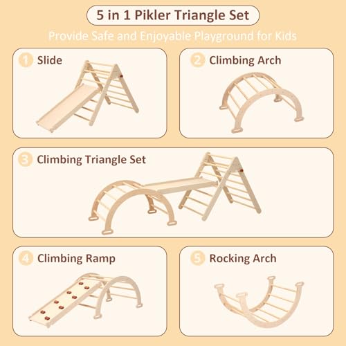 PairPear Foldable Pikler Triangle Climbing Set for Kids, 7 in 1 Montessori Large Wooden Climbing Toys Indoor Jungle Gym with Rocker Arch, Ramp & Slide for Toddlers 18 Months+