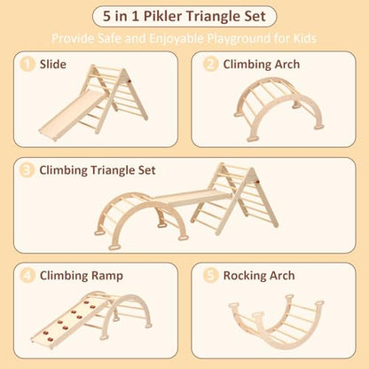 PairPear Foldable Pikler Triangle Climbing Set for Kids, 7 in 1 Montessori Large Wooden Climbing Toys Indoor Jungle Gym with Rocker Arch, Ramp & Slide for Toddlers 18 Months+
