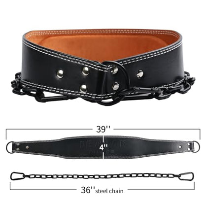 Heavy-Duty Leather Weightlifting Dip Belt with Steel Chain—Weightlifting, Squats, Deadlifts, Weighted pull-ups, Push-ups and Progressive Resistance Training - color: Black